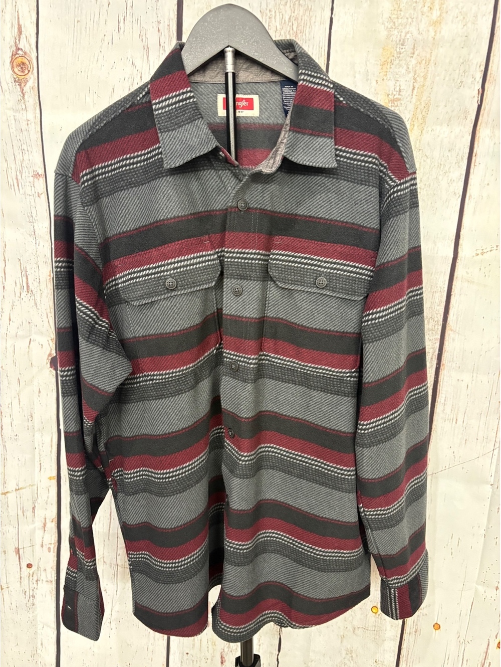 Wrangler Men's Black/Grey/Burgundy Long-Sleeve Polar Fleece Shacket Size Large